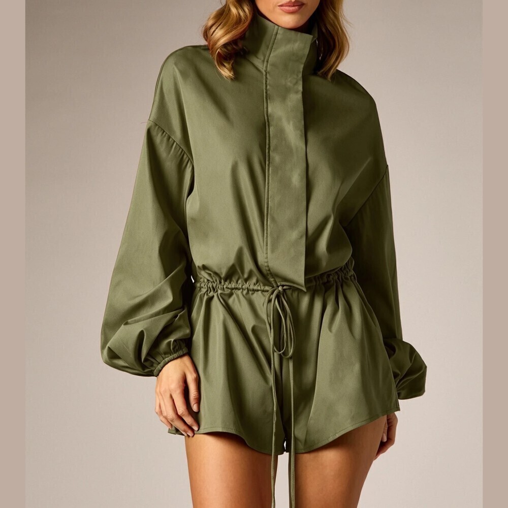 Olive Green Stand Collar Drawstring Waist Long Sleeve Oversized Romper